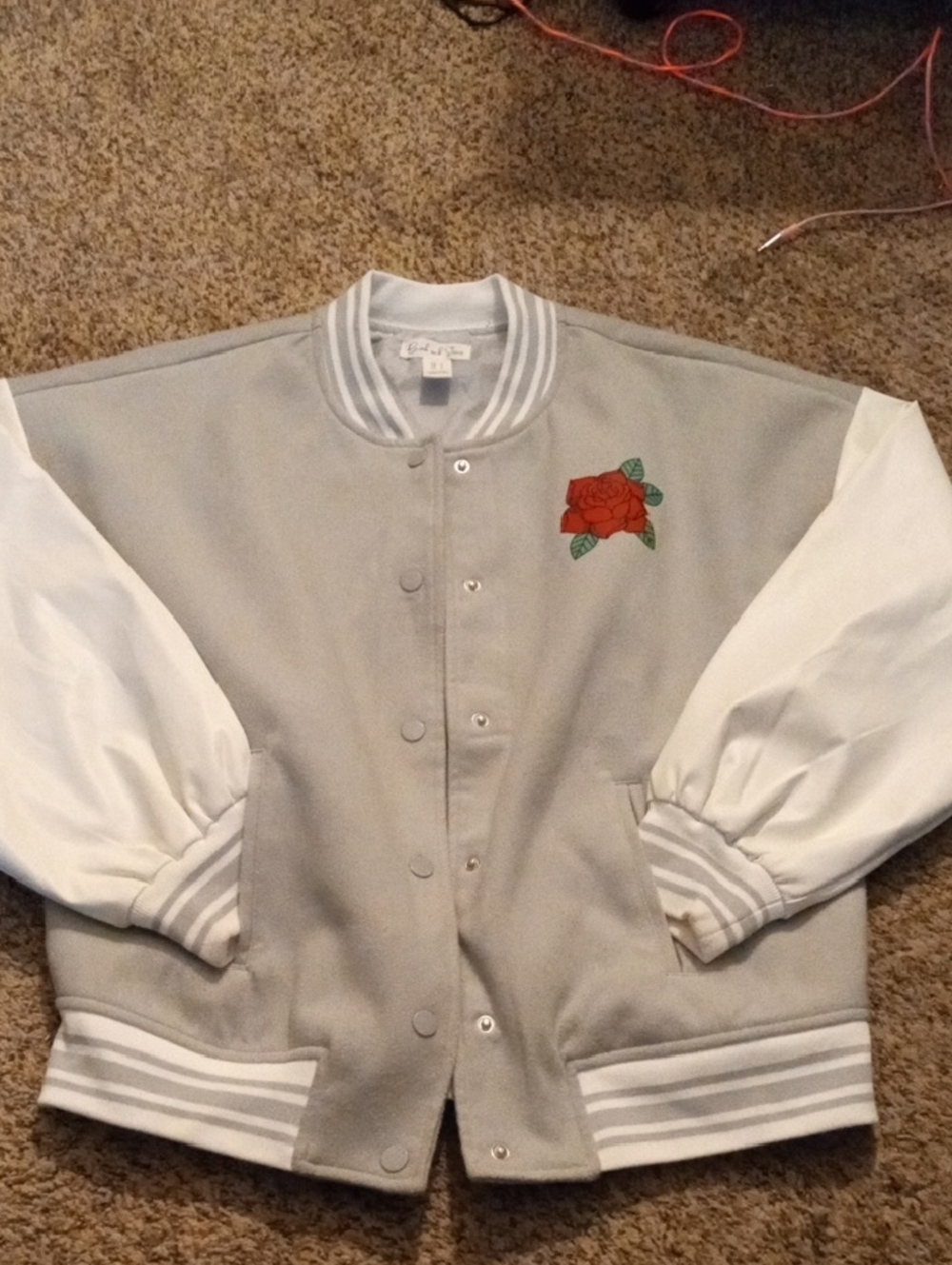 Varsity Rose Embroidered Jacket - Light Gray & White